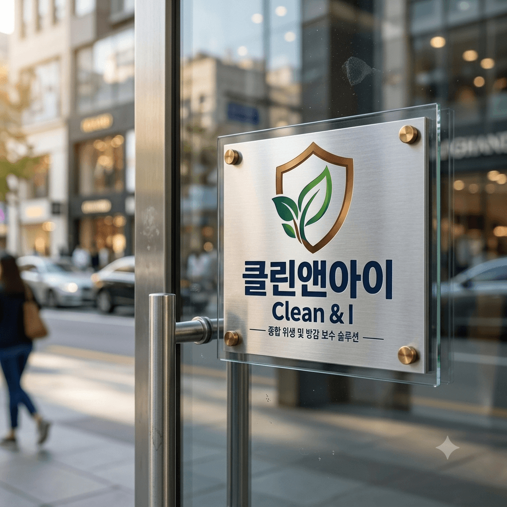 매장 유리문에 부착된 클린앤아이 관리 인증 명판